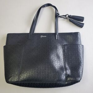 Guess Medium Bag Extra Pockets Black Logo Imprint Silver Detail